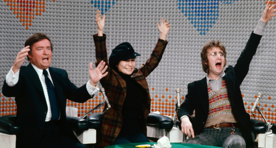 Mike Douglas, Yoko Ono, and John Lennon in a scene from Daytime Revolution. Photo by Michael Leshnov, courtesy Kino Lorber.